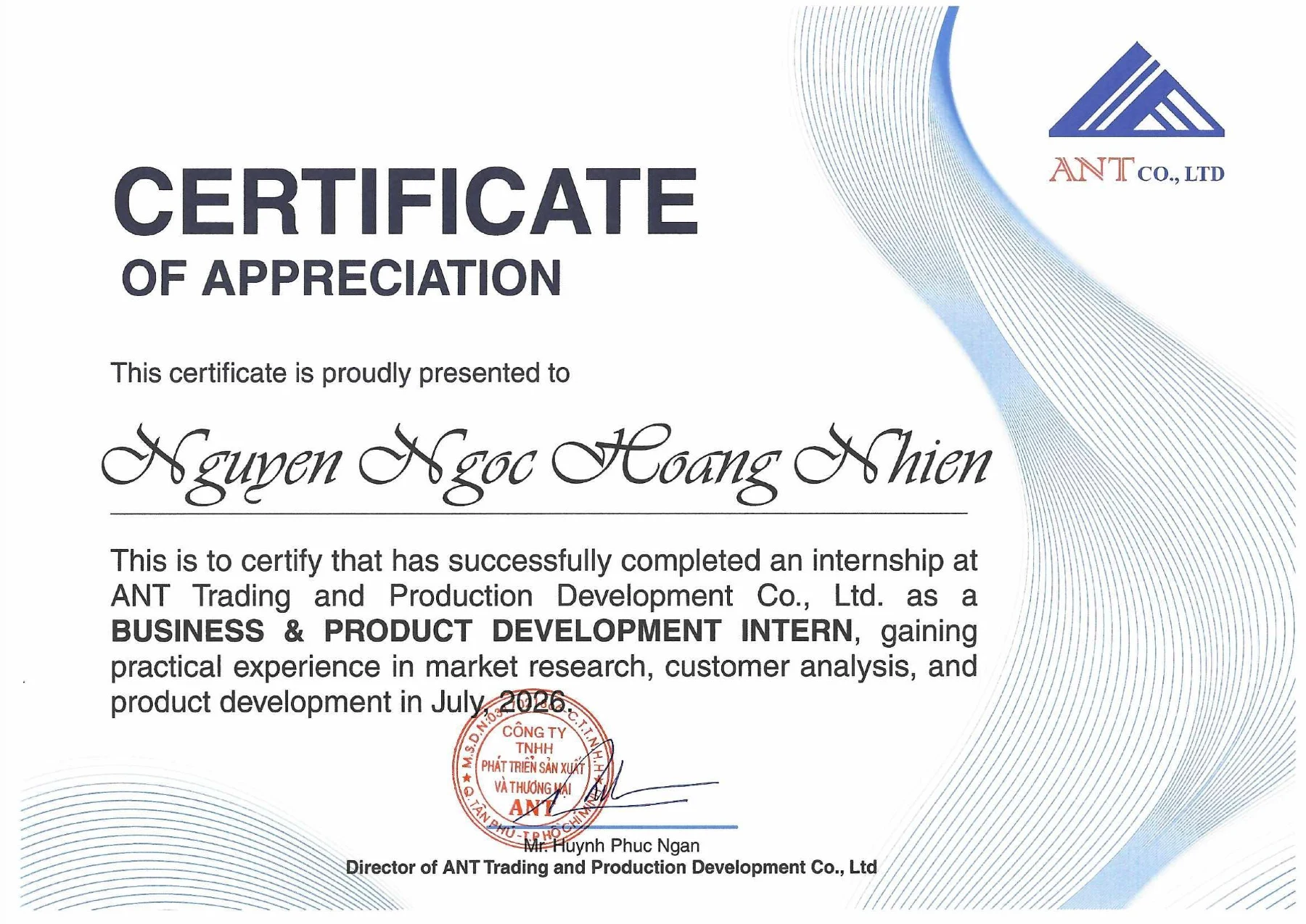 Internship certificate for Hoang Nhien at ANT Trading and Production Development Co., Ltd.