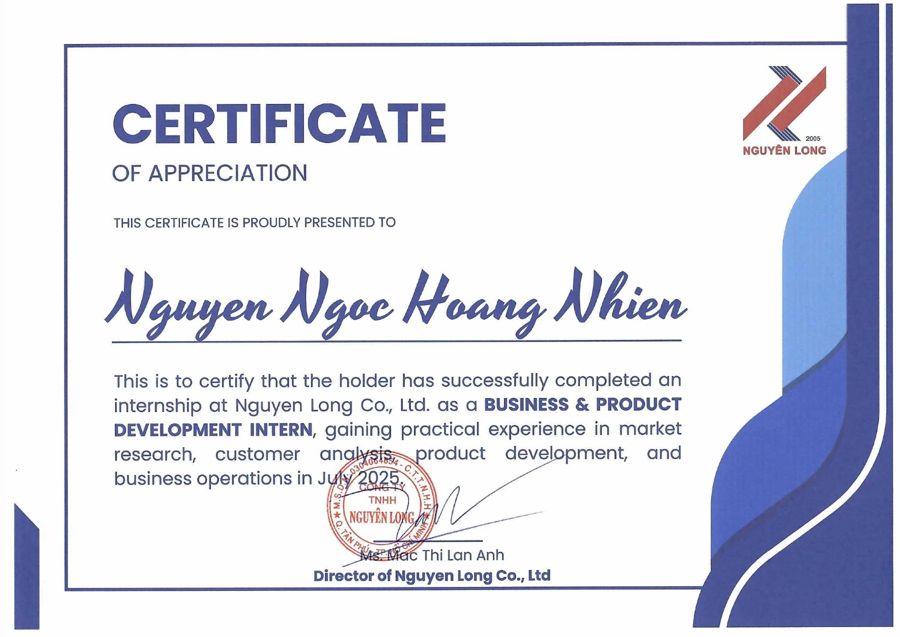 Internship certificate for Hoang Nhien at Nguyen Long Co., Ltd.