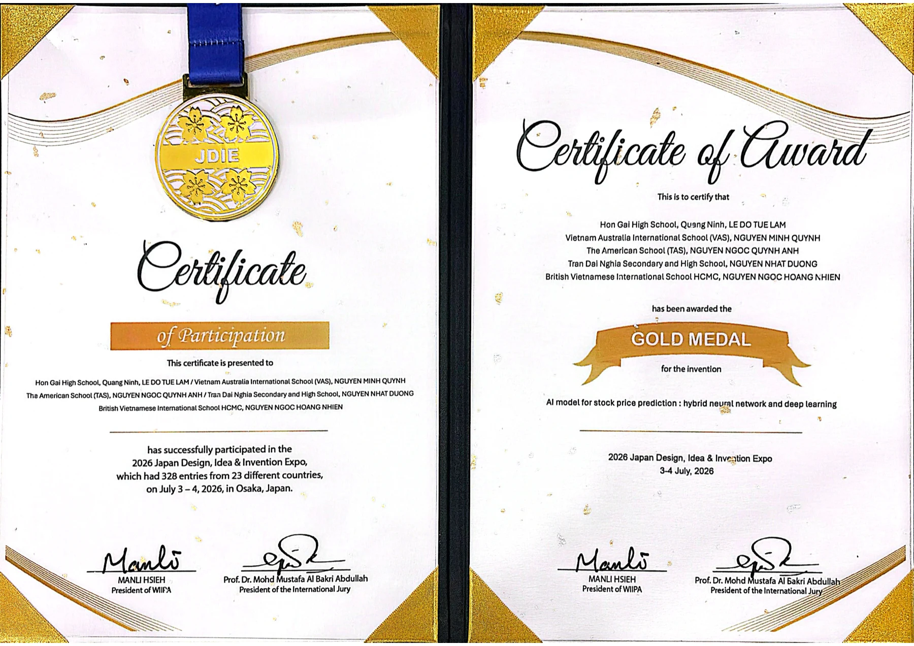 Gold Medal certificate from the 2026 JDIE exhibition