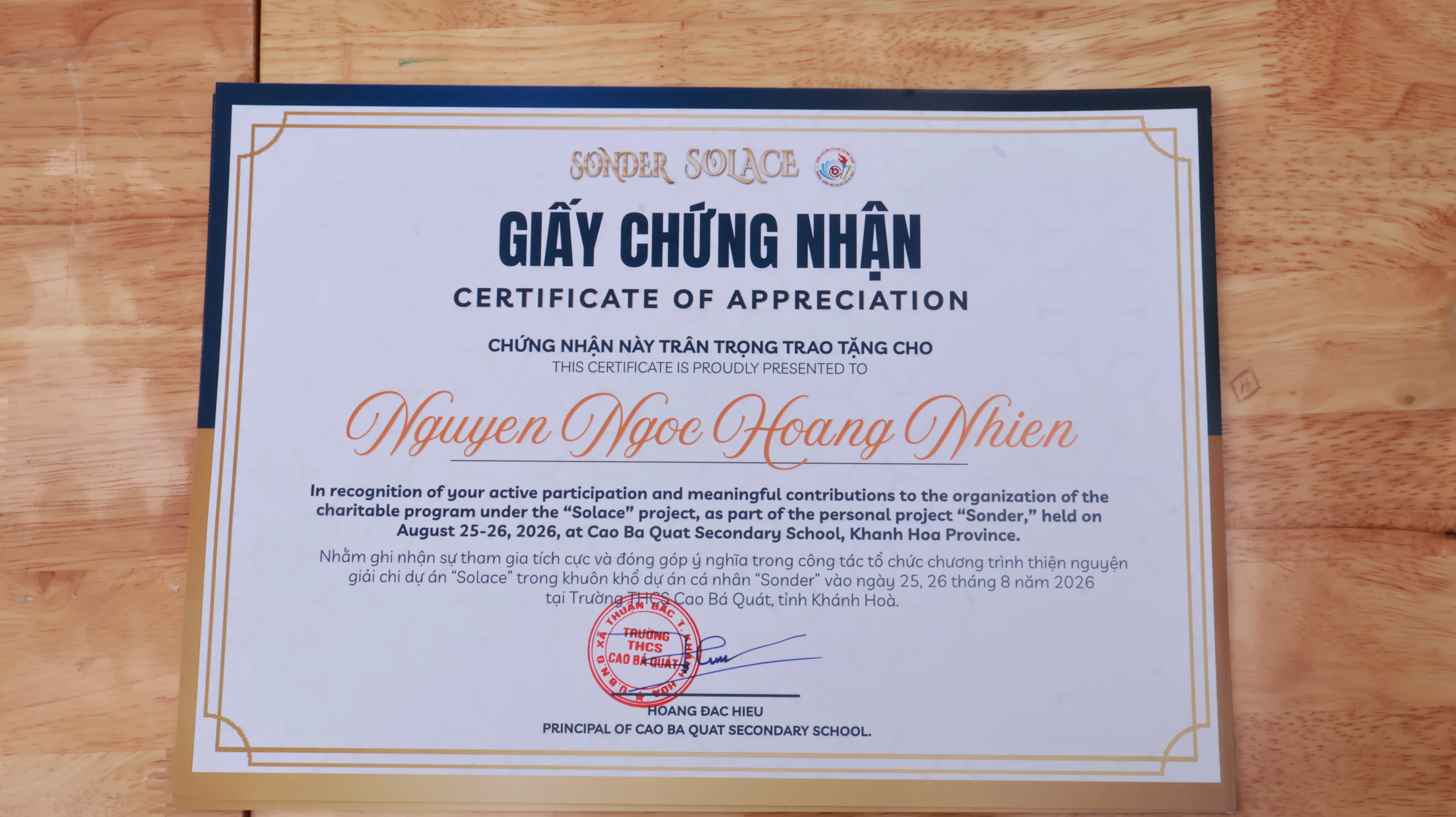 Certificate of appreciation for Hoang Nhien from the Sonder and Solace community outreach program