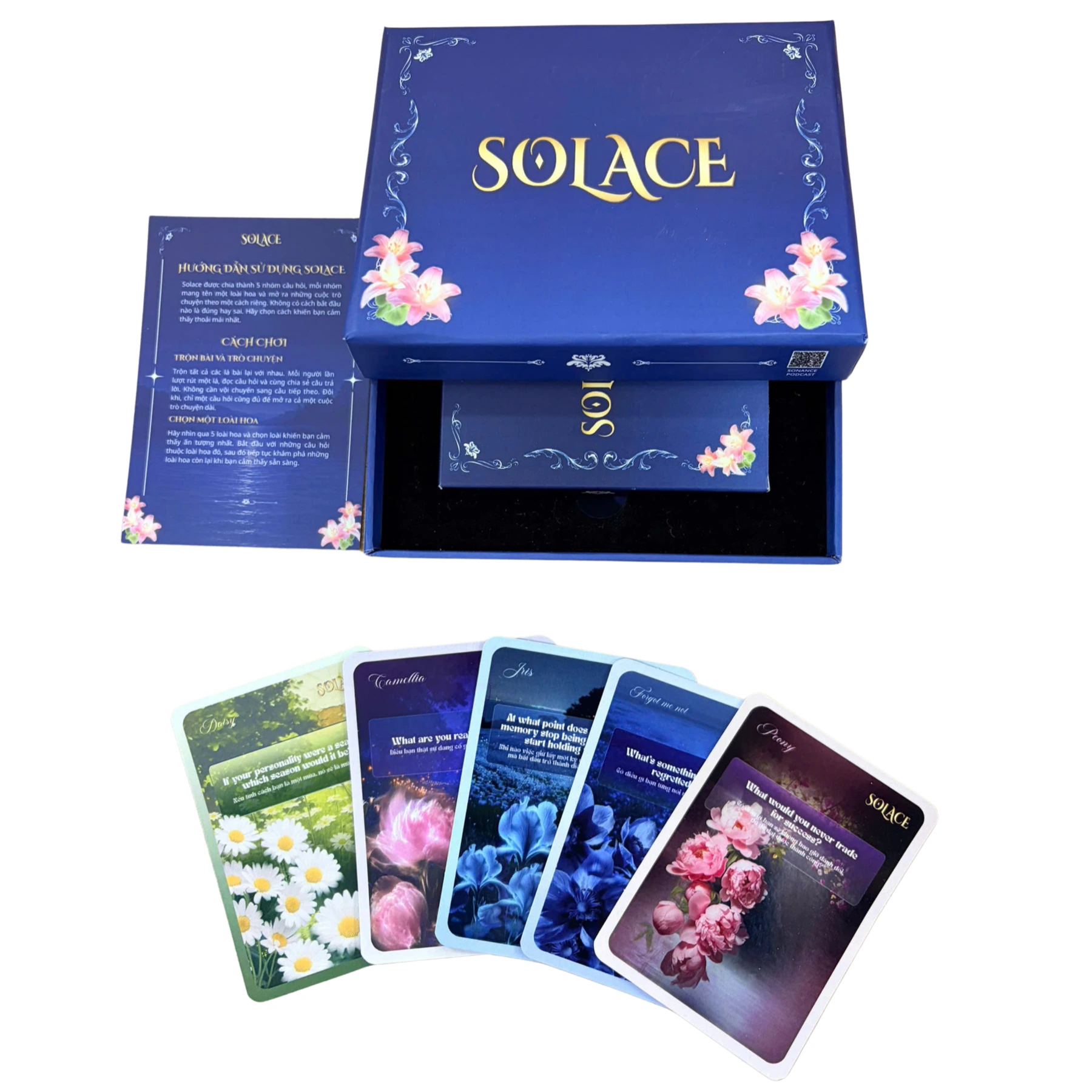 Solace product box, instructions and five flower-themed conversation cards