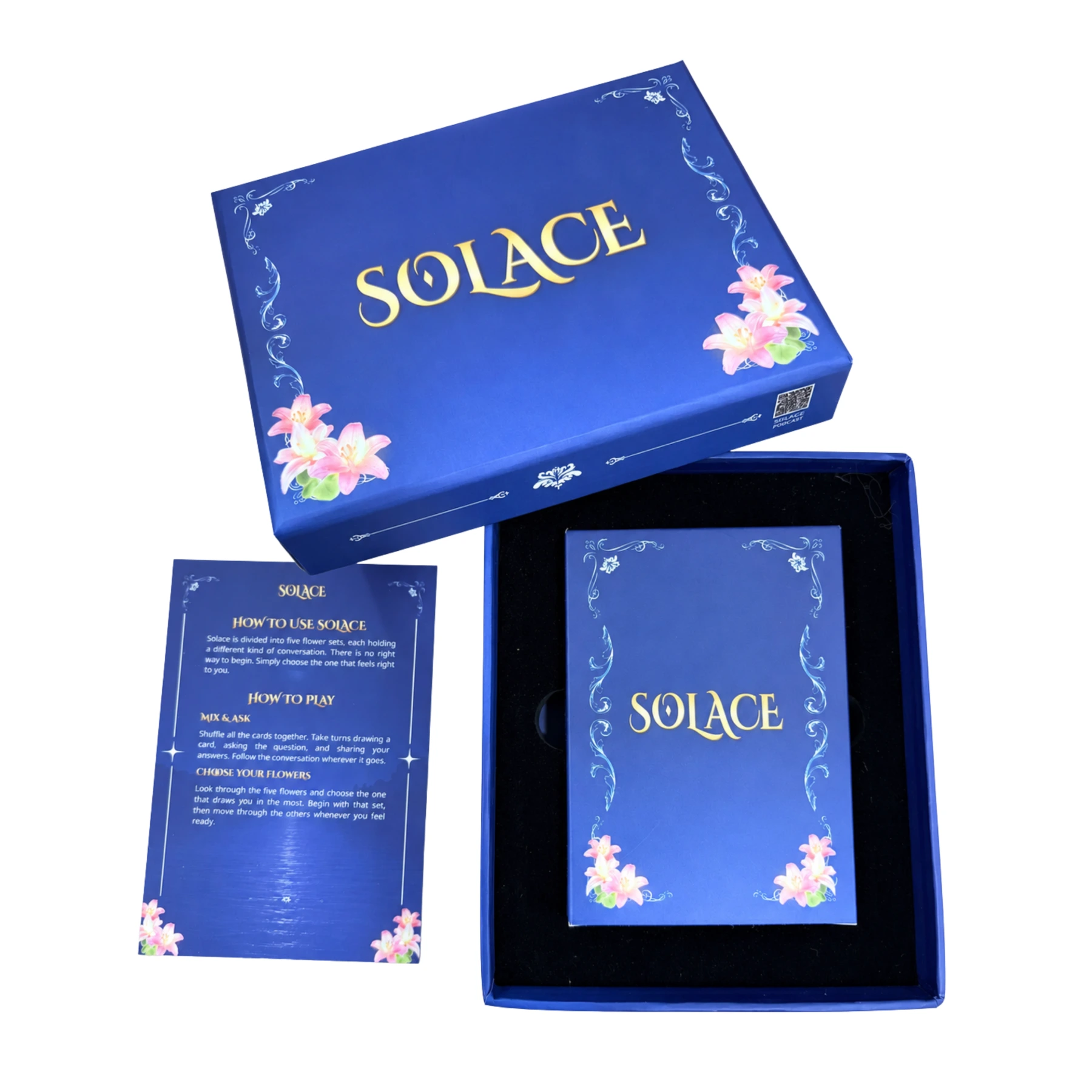 Open Solace box with the conversation card deck and English instructions